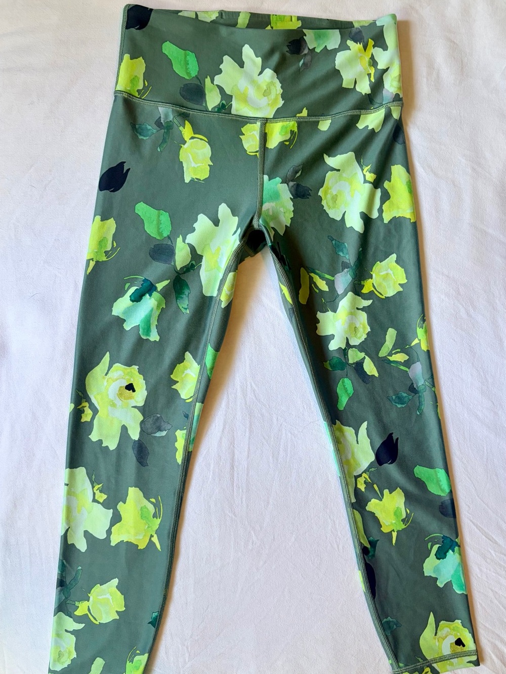 Athleta Olive Green Leggings with Neon Yellow Floral Print